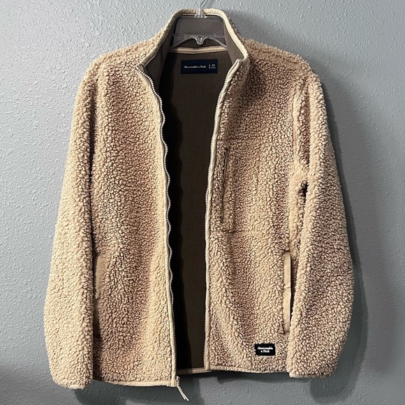 Abercrombie & Fitch Men’s Tan Sherpa Fleece Full Zip Mock Neck Jacket Sz XS EUC - Picture 4 of 5
